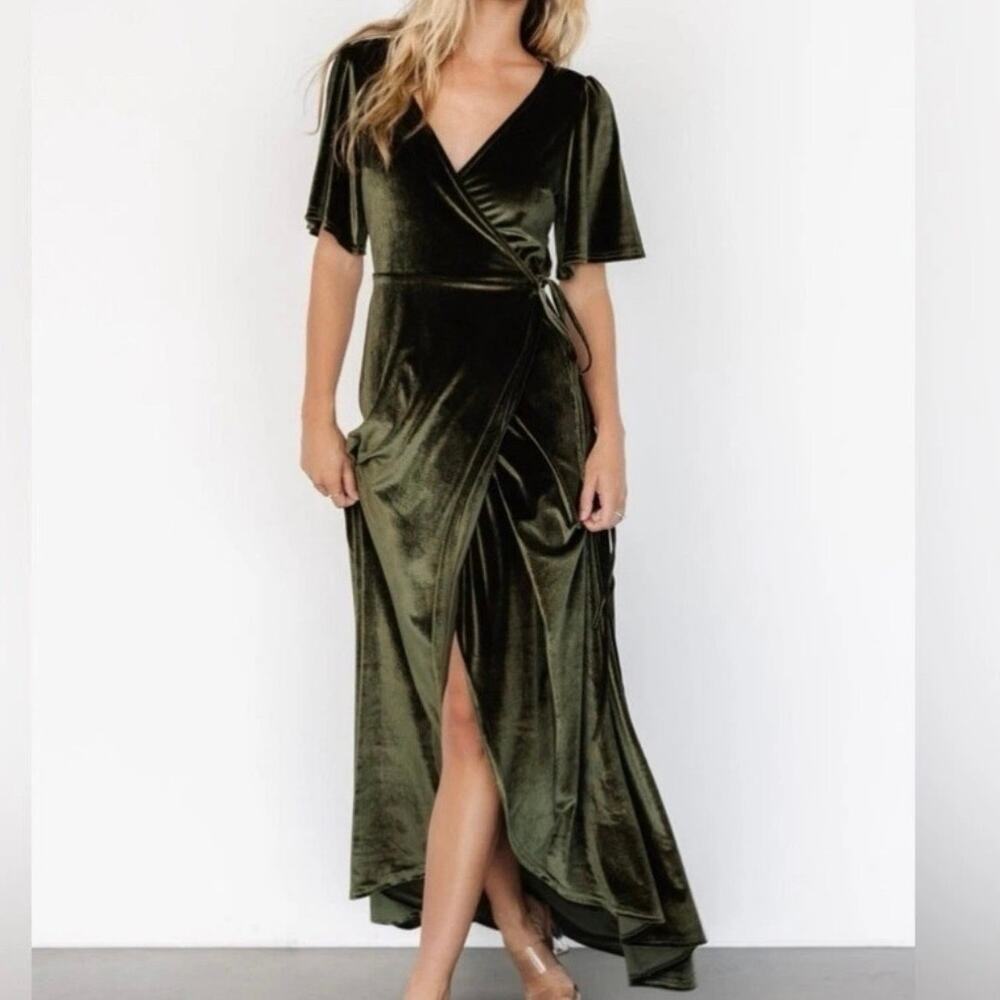 Baltic Born Katelyn Wrap Olive Green Velvet Maxi Dress S Christmas Photoshoot